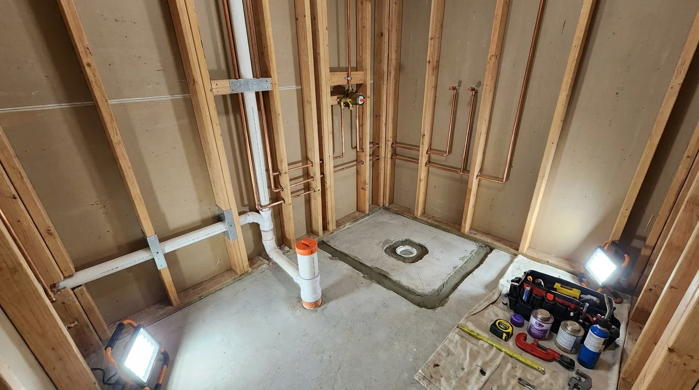 Bathroom rough-in plumbing during remodel by Johns Plumbing LLC in McCloud