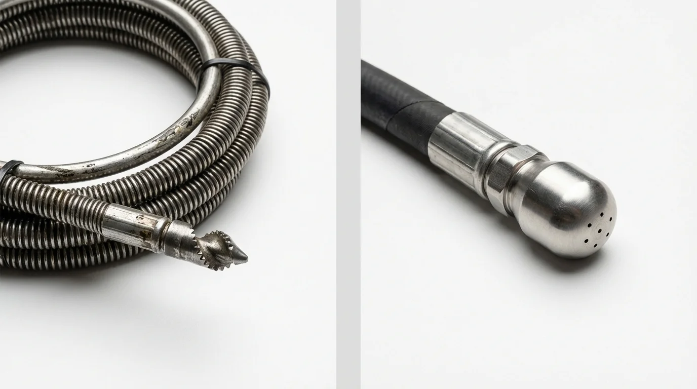 Drain snake cable and hydro jetting nozzle used for drain cleaning in McCloud, CA