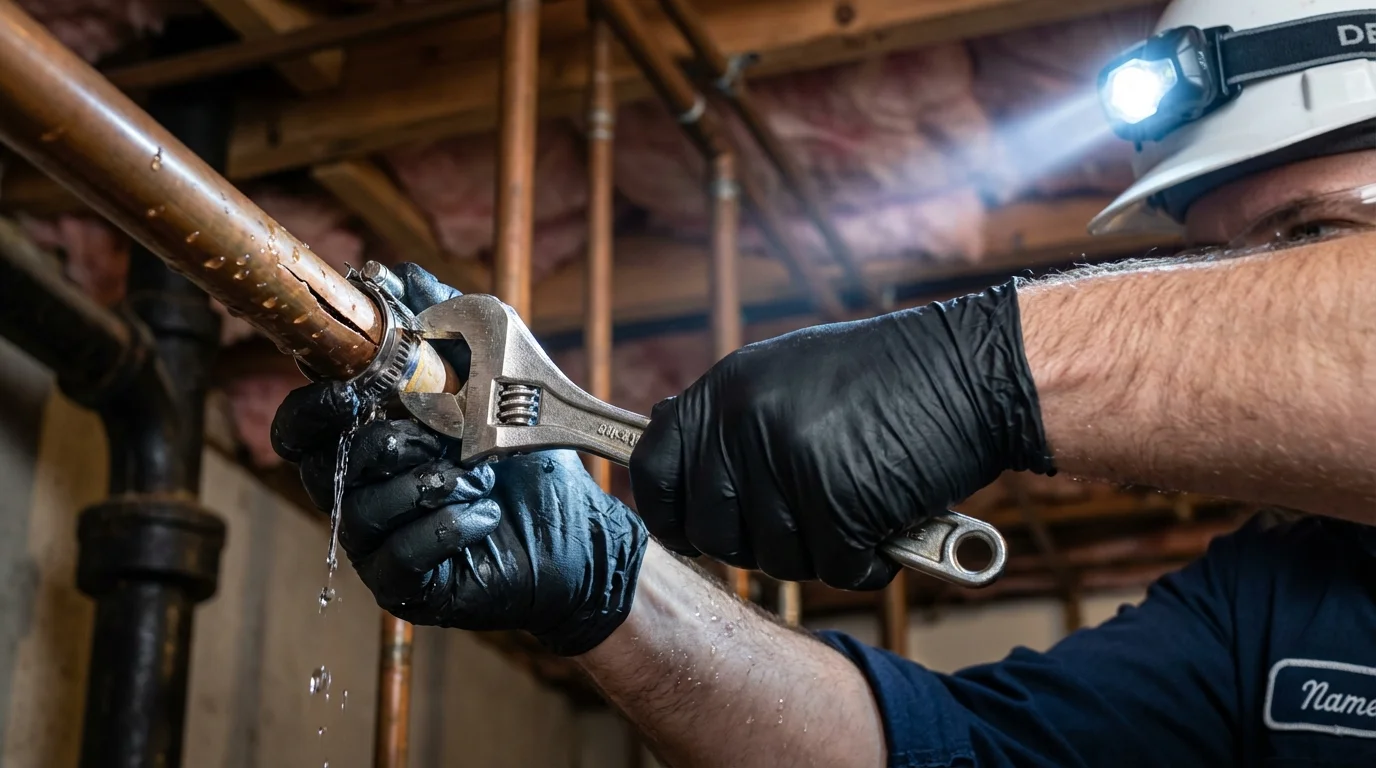 Emergency pipe clamp repair being performed by a Johns Plumbing LLC plumber in McCloud