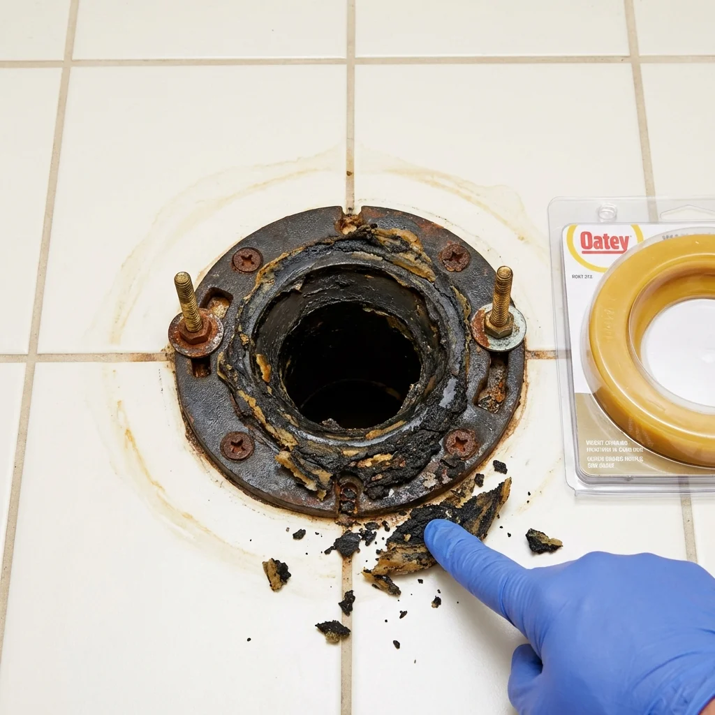 Failed wax ring showing water seepage at the base of a toilet in a McCloud, CA home