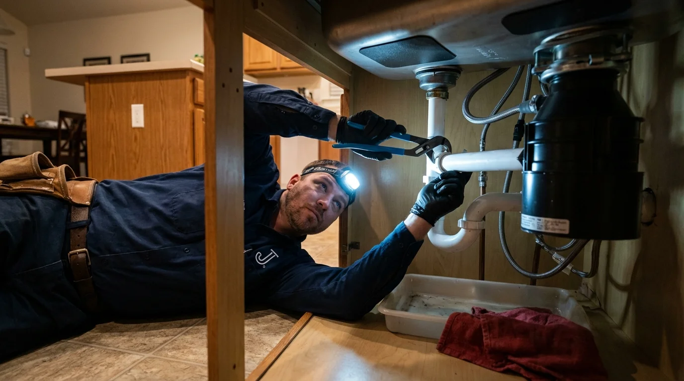P-trap and supply line connections under a kitchen sink showing a common leak point in McCloud, CA